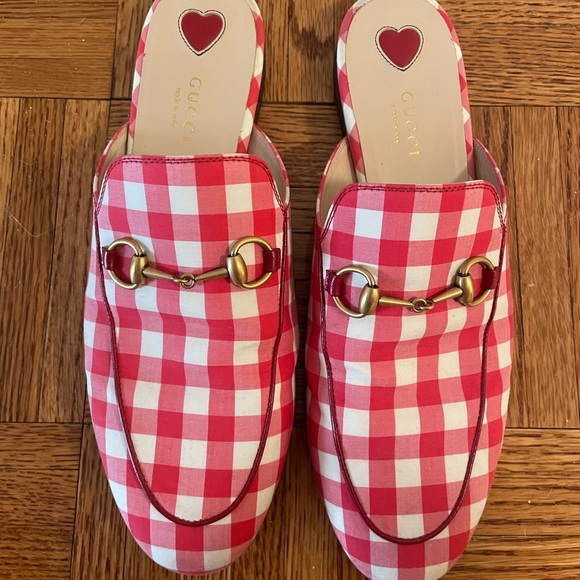 Gucci Red and White Gingham Mules with Gold Horsebit - Picture 1 of 3